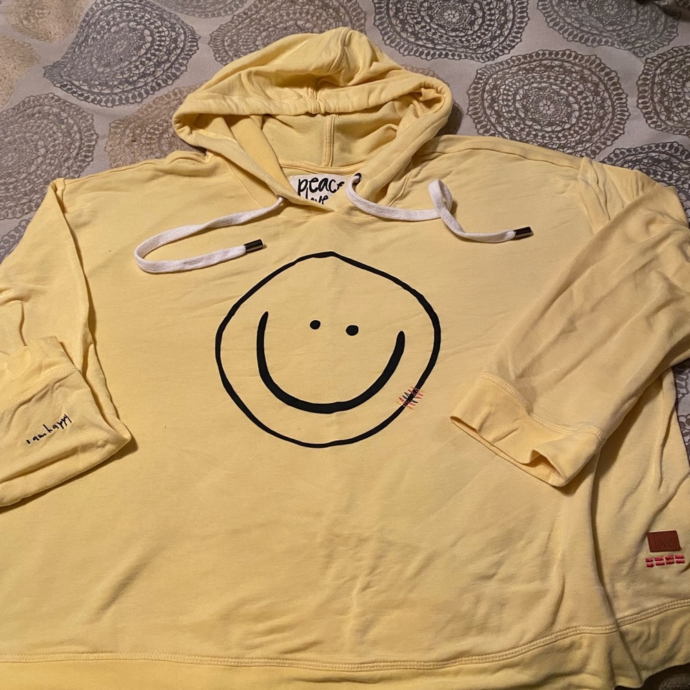 Peace, Love, World super soft yellow hoody with cute accents, light weight